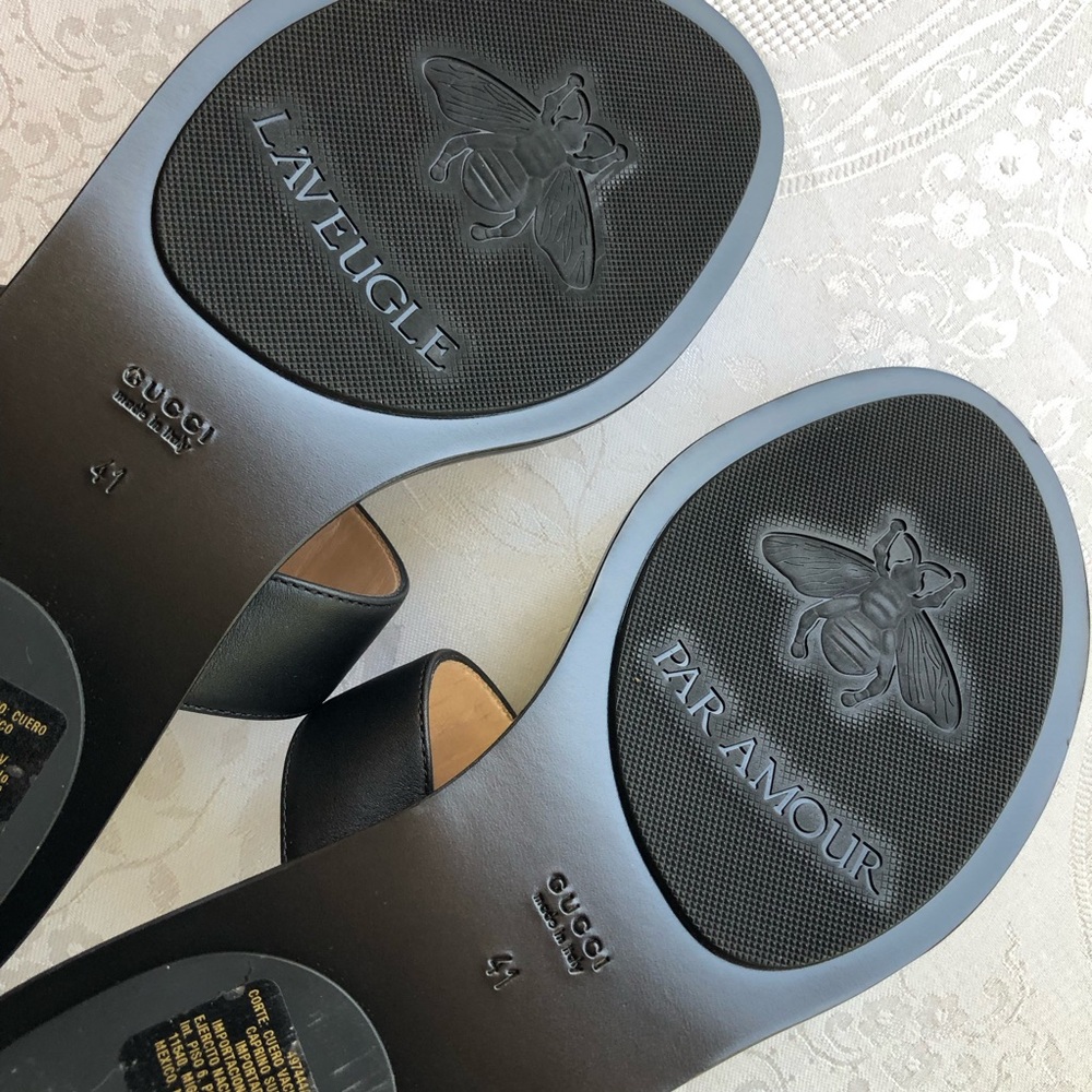 Gucci Lifford Black Leather Golden GG Thong Sandals Women’s Size 41 US- 10.5 - Picture 4 of 11